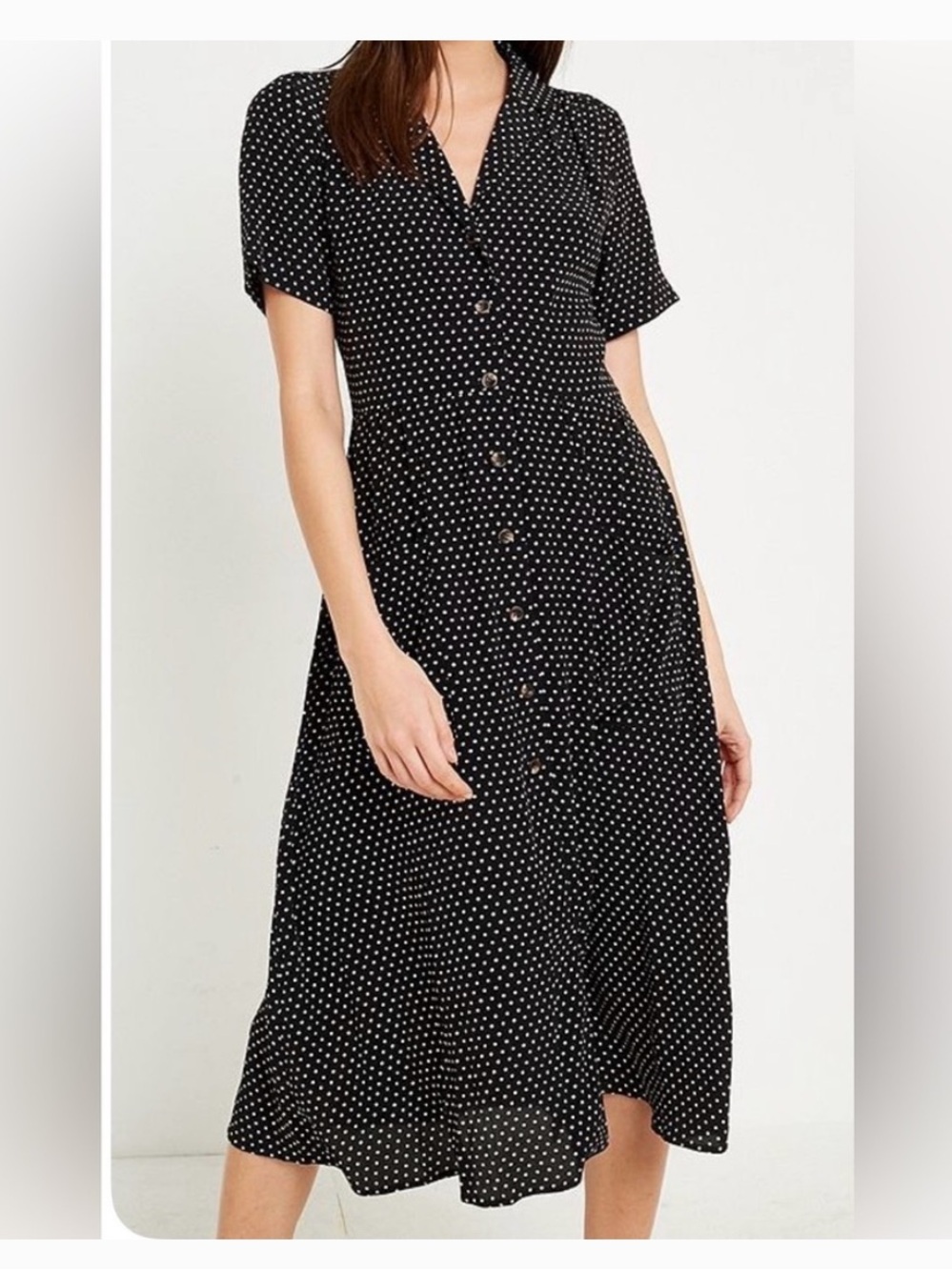 Urban Outfitters Black Polka Dot Charlotte Midi Shirt Dress - XS